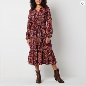 St. John's Bay Womens Long Sleeve Paisley A-Line Dress size L